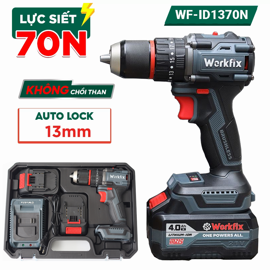 Máy khoan pin 13mm Workfix WF-ID1370N Lực siết 70N.m Autolock Không chổi than, bộ 2 Pin 10Cell ,chân pin phổ thông