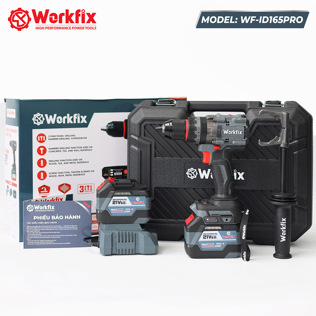 Máy khoan pin Workfix WF-ID165PRO, lực 165N, chống lật cổ tay, giảm chấn AVS