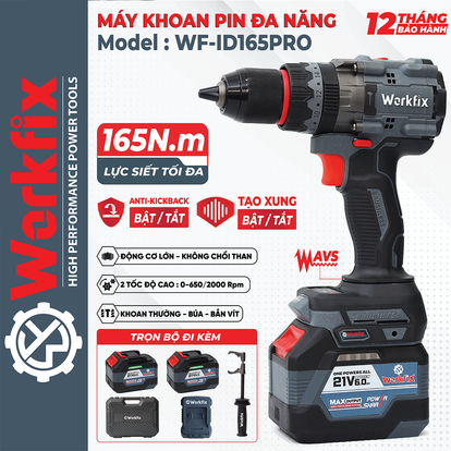 Máy khoan pin Workfix WF-ID165PRO, lực 165N, chống lật cổ tay, giảm chấn AVS