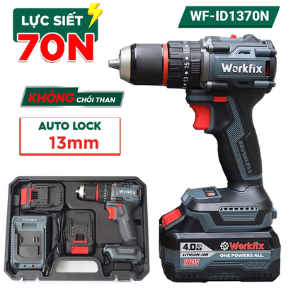 Máy khoan pin 13mm Workfix WF-ID1370N Lực siết 70N.m Autolock, bộ 2 Pin 10Cell