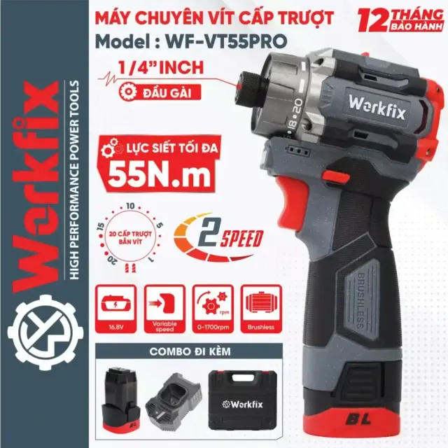 Máy chuyên vít cấp trượt Workfix WF-VT55PRO lực 55N, đầu gài vít 1/4 inch