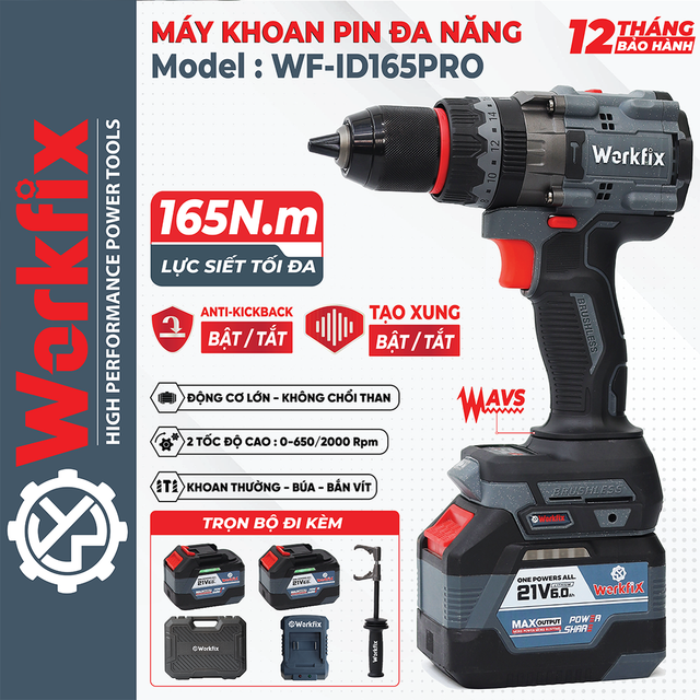 Máy khoan pin Workfix WF-ID165PRO, lực 165N, chống lật cổ tay, giảm chấn AVS