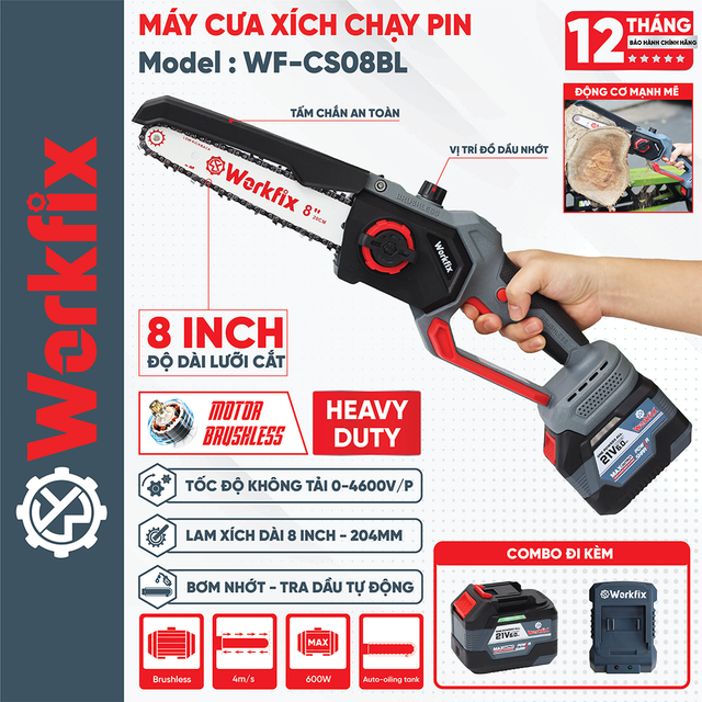 Máy cưa xích pin 8inch WORKFIX WF-CS08BL, Tra Nhớt Tự Động, không chổi than
